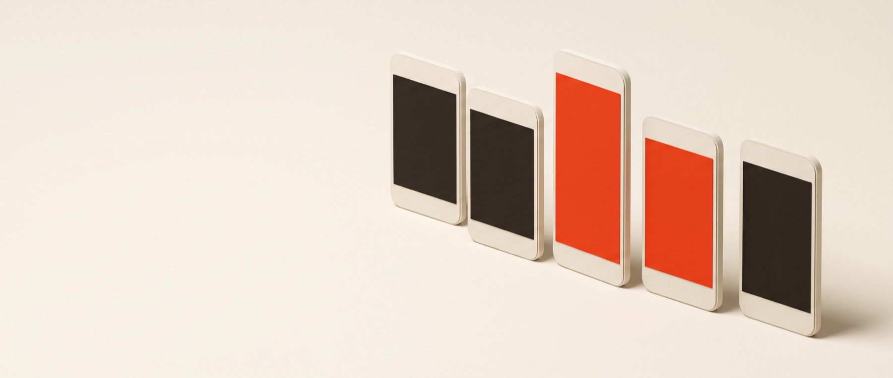 A row of papercraft smartphones, one taller than the rest with a vermilion screen