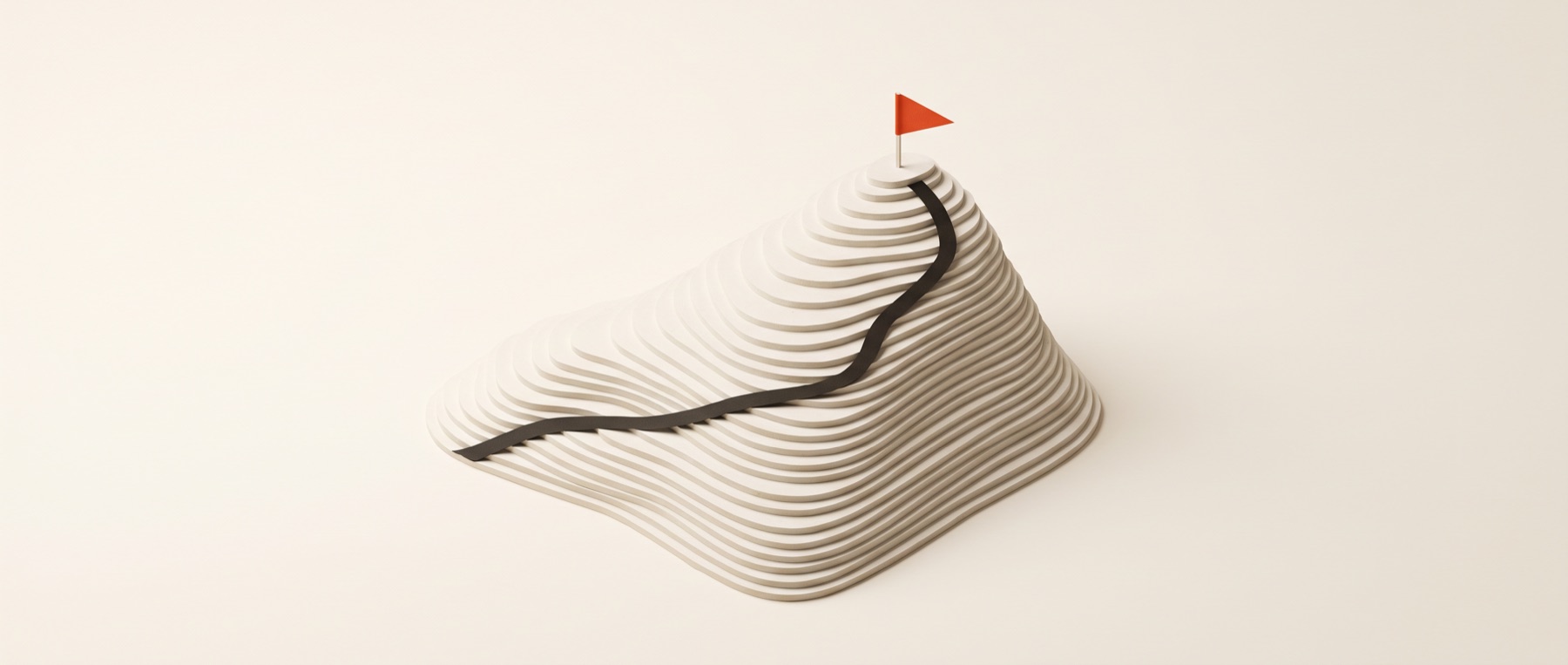 A layered papercraft contour mountain with a path winding up to a vermilion flag at the summit