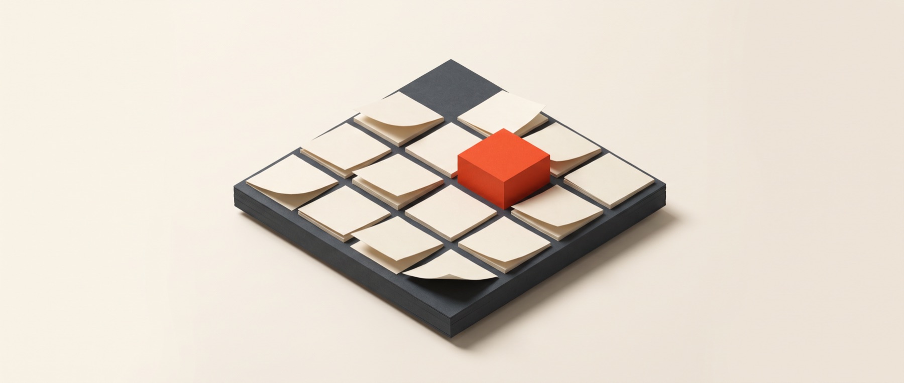 An isometric papercraft calendar grid with a single date raised in vermilion