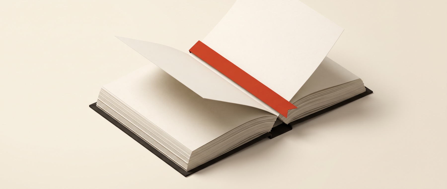 An open papercraft ledger with a vermilion ribbon bookmark and pages lifting away