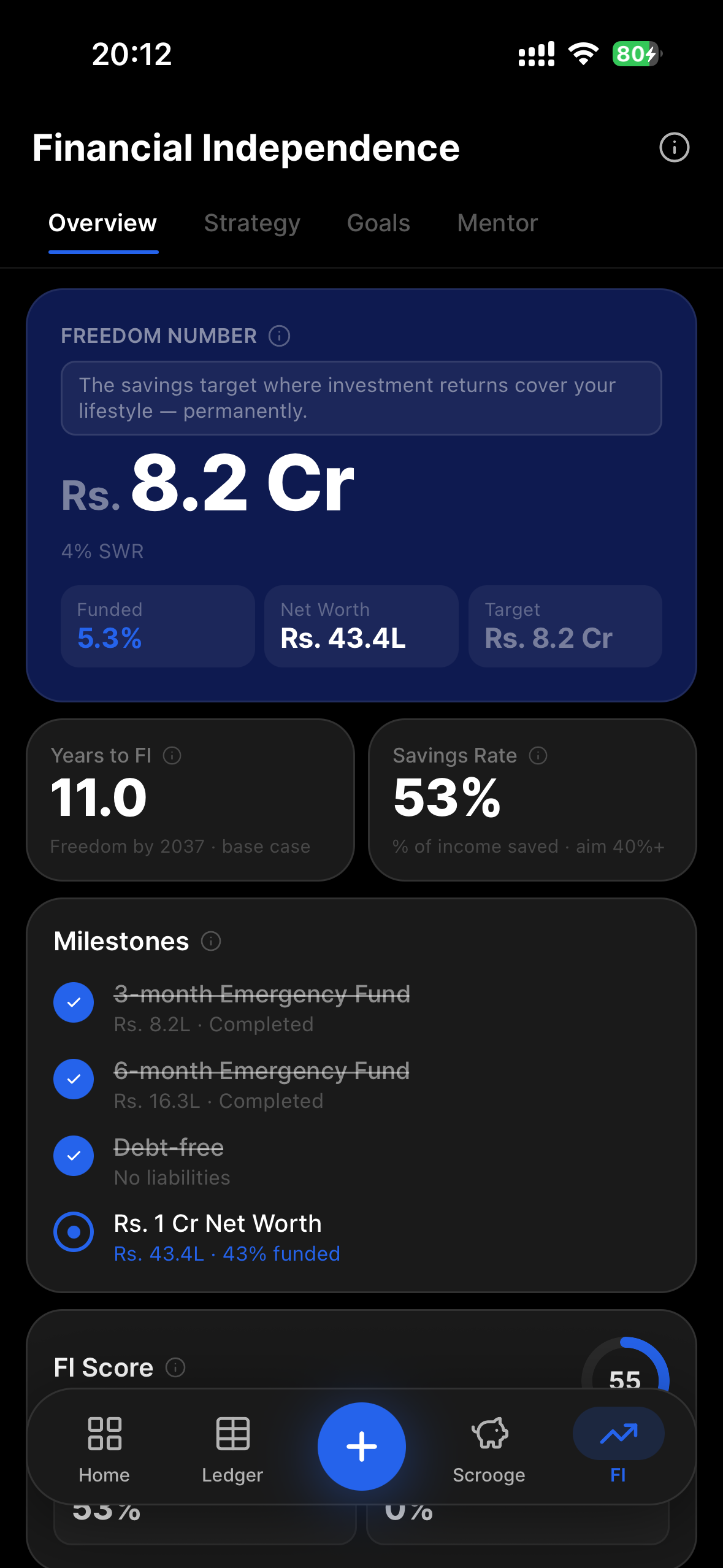 Salli mobile app Freedom screen showing freedom number and years to freedom